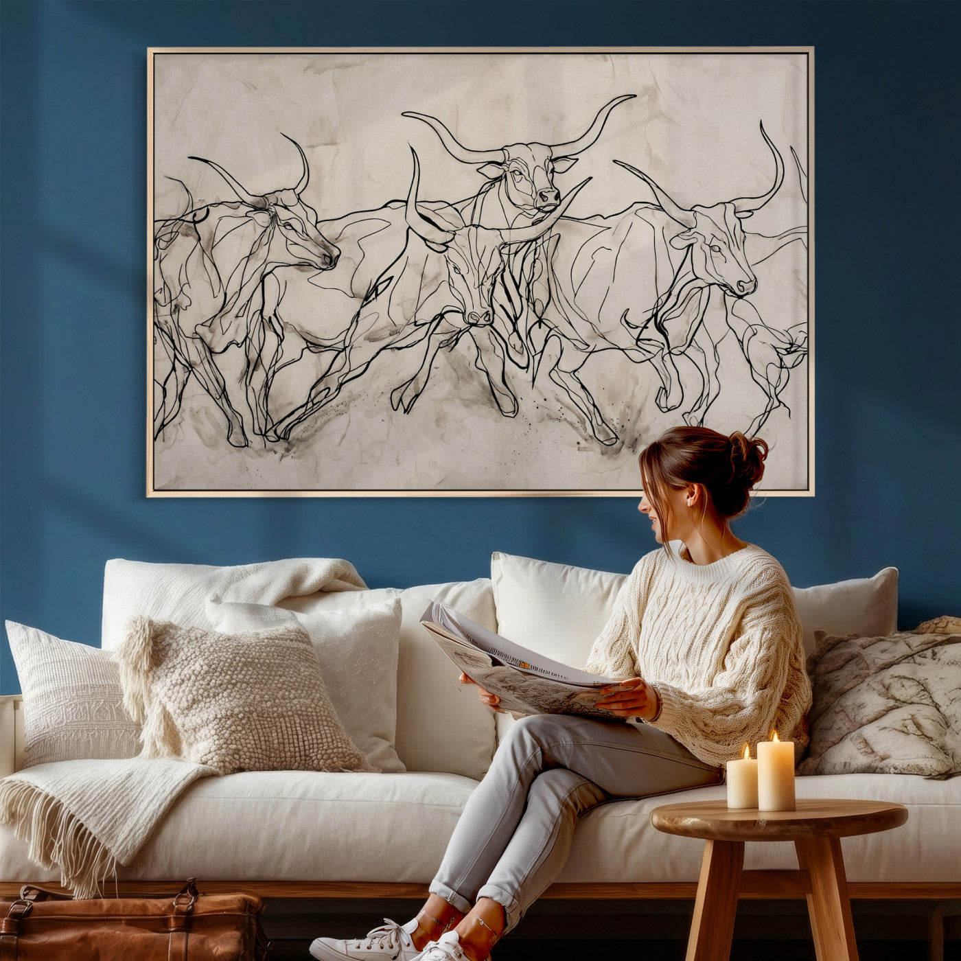 16671245-MGV-CV-36X24 - Minimalist Longhorn Line Art, Modern Texas Bull Canvas Print, Abstract Western Wall Decor, Continuous Line Artwork, Black White Ranch Gift