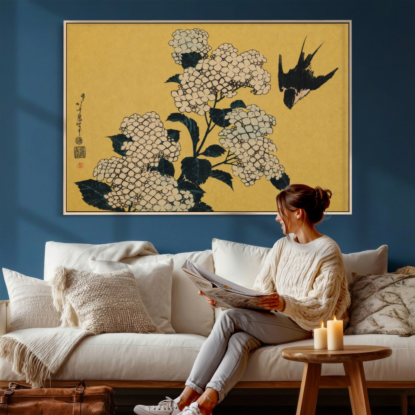92483501-MGV-CV-36X24 - Katsushika Hokusai Hydrangea and Swallow Wall Art Canvas Print, Japanese Woodblock Painting Print