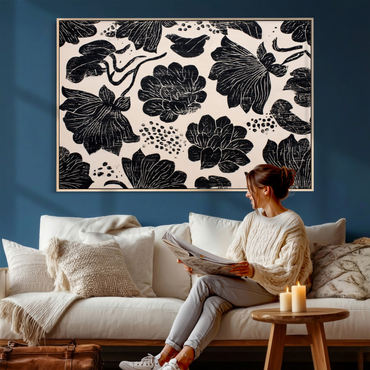 81787117-MGV-CV-36X24 - Linocut Black Lotus Floral Wall Art Canvas Print, Vintage Monochrome Botanical Painting Print