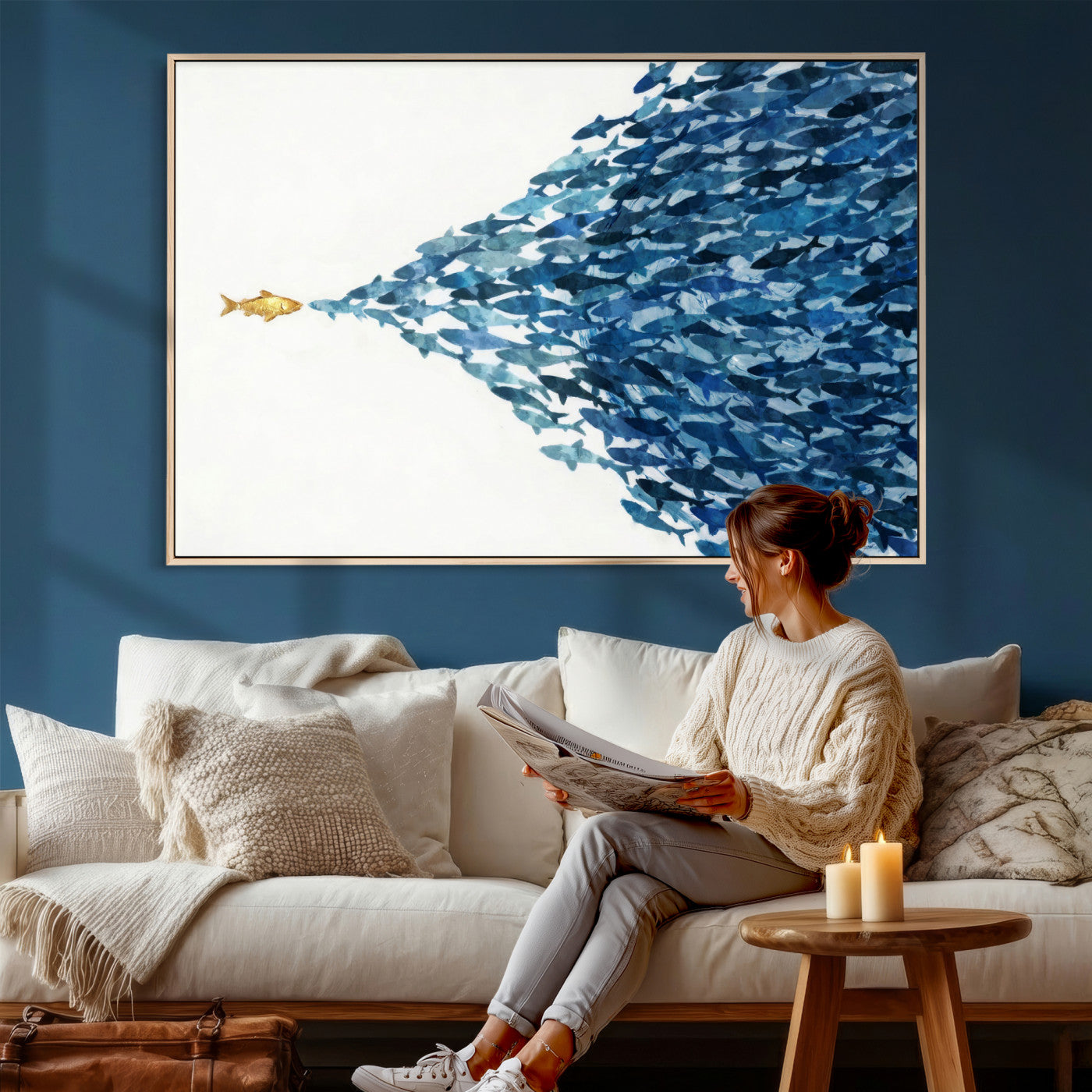 79089639-MGV-CV-36X24 - Abstract Blue Fish School Canvas Wall Art, Gold Foil Accent Marine Print