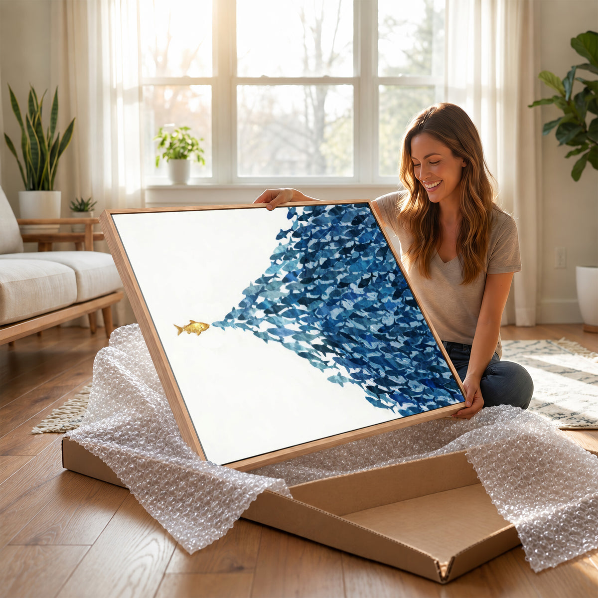 79089639-MGV-CV-36X24 - Abstract Blue Fish School Canvas Wall Art, Gold Foil Accent Marine Print