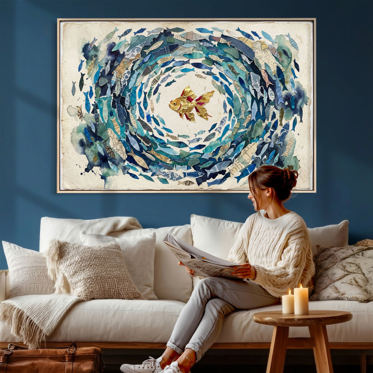 73165663-MGV-CV-36X24 - Mixed Media Blue Fish Swirl Canvas Wall Art, Goldfish Collage Ocean Print