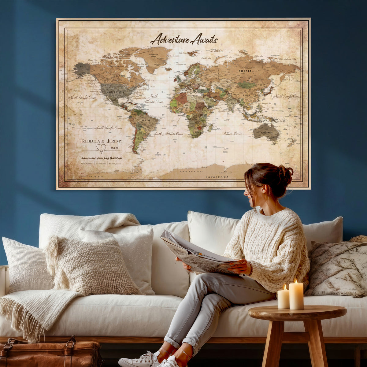 1954256765-MGV-CV-36X24 - Custom Push Pin World Map Canvas PRINT | Personalized Travel Tracker | Wedding Anniversary Gift