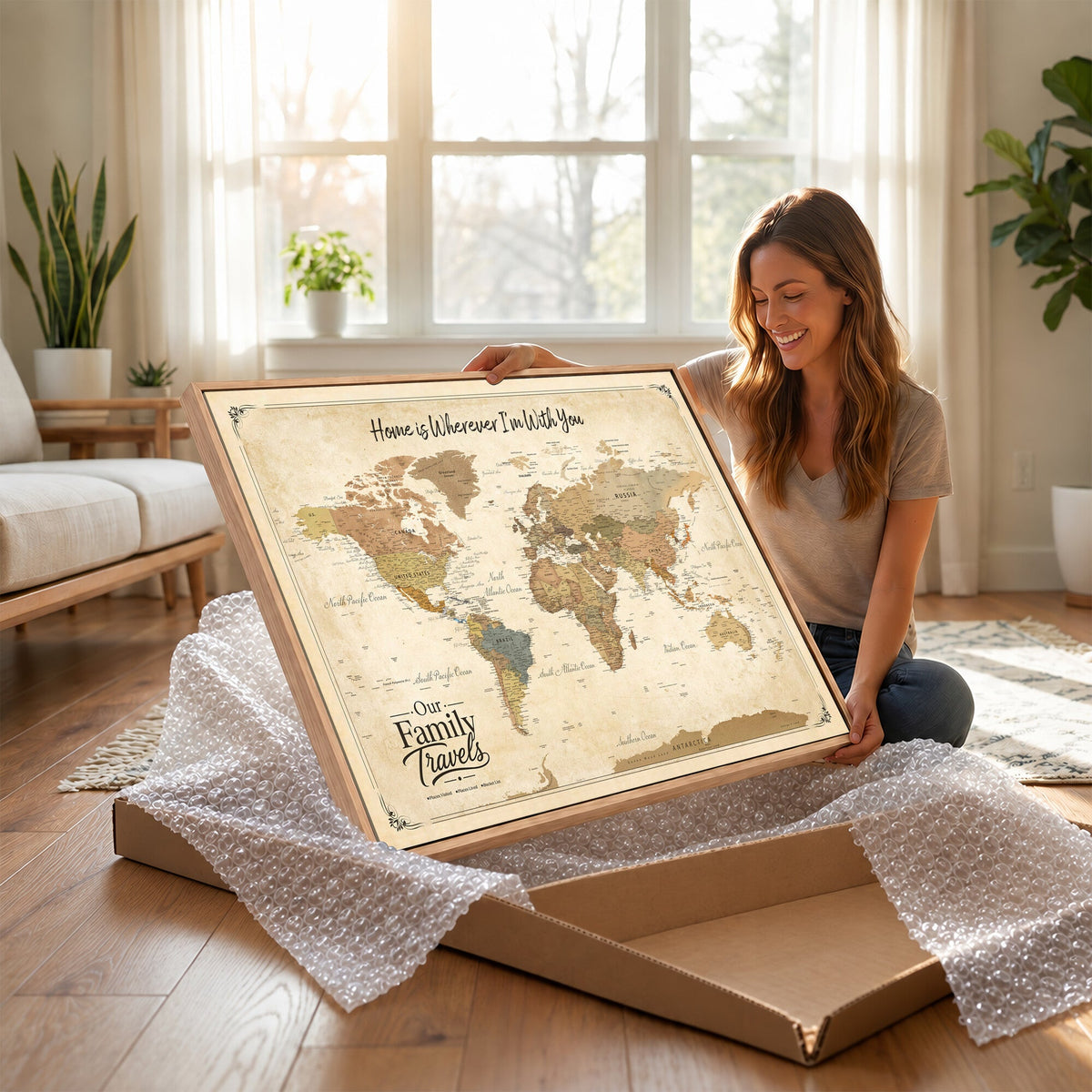 94272126-MGV-CV-36X24 - Our Family Adventures Push Pin World Map Wall Art Canvas Print - Family Travel Tracker Map with Pins
