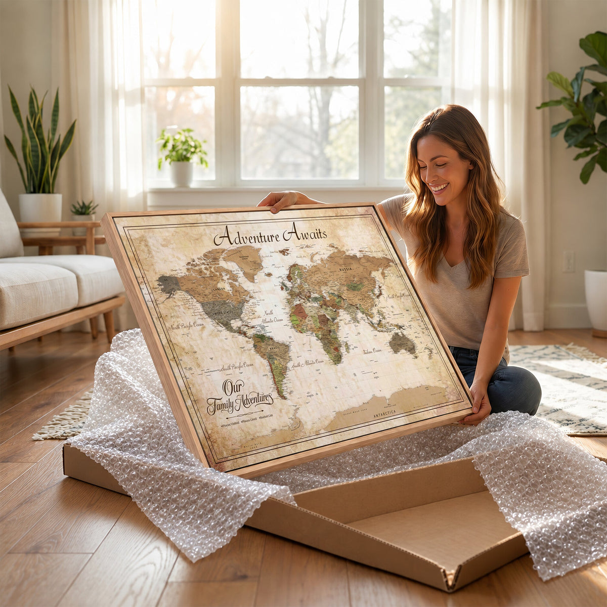 95783582-MGV-CV-36X24 - Our Family Adventures Push Pin World Map Wall Art Canvas Print - Family Travel Tracker Map with Pins