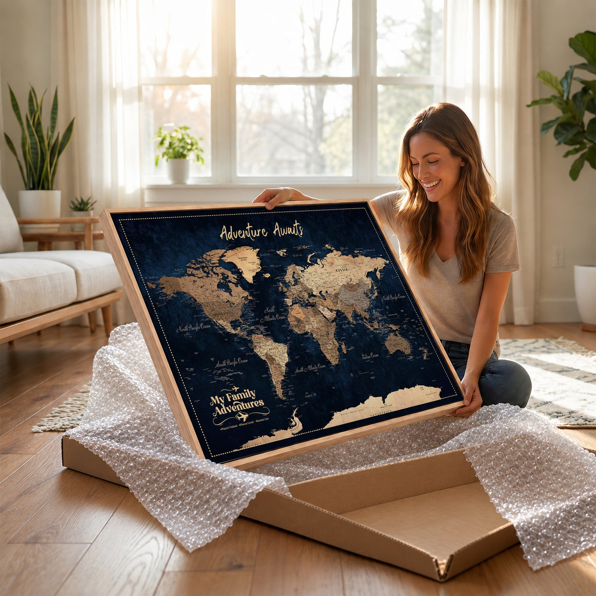 82827666-MGV-CV-36X24 - Our Family Adventures Push Pin World Map Wall Art Canvas Print - Family Travel Tracker Map with Pins