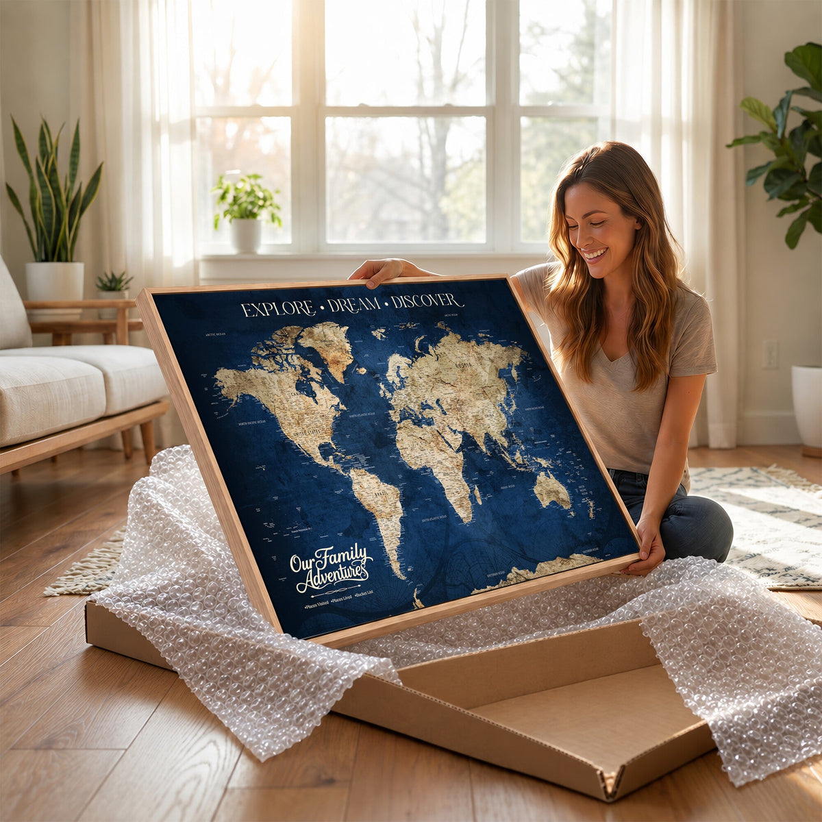 96125512-MGV-CV-36X24 - Our Family Adventures Push Pin World Map Wall Art Canvas Print - Family Travel Tracker Map with Pins
