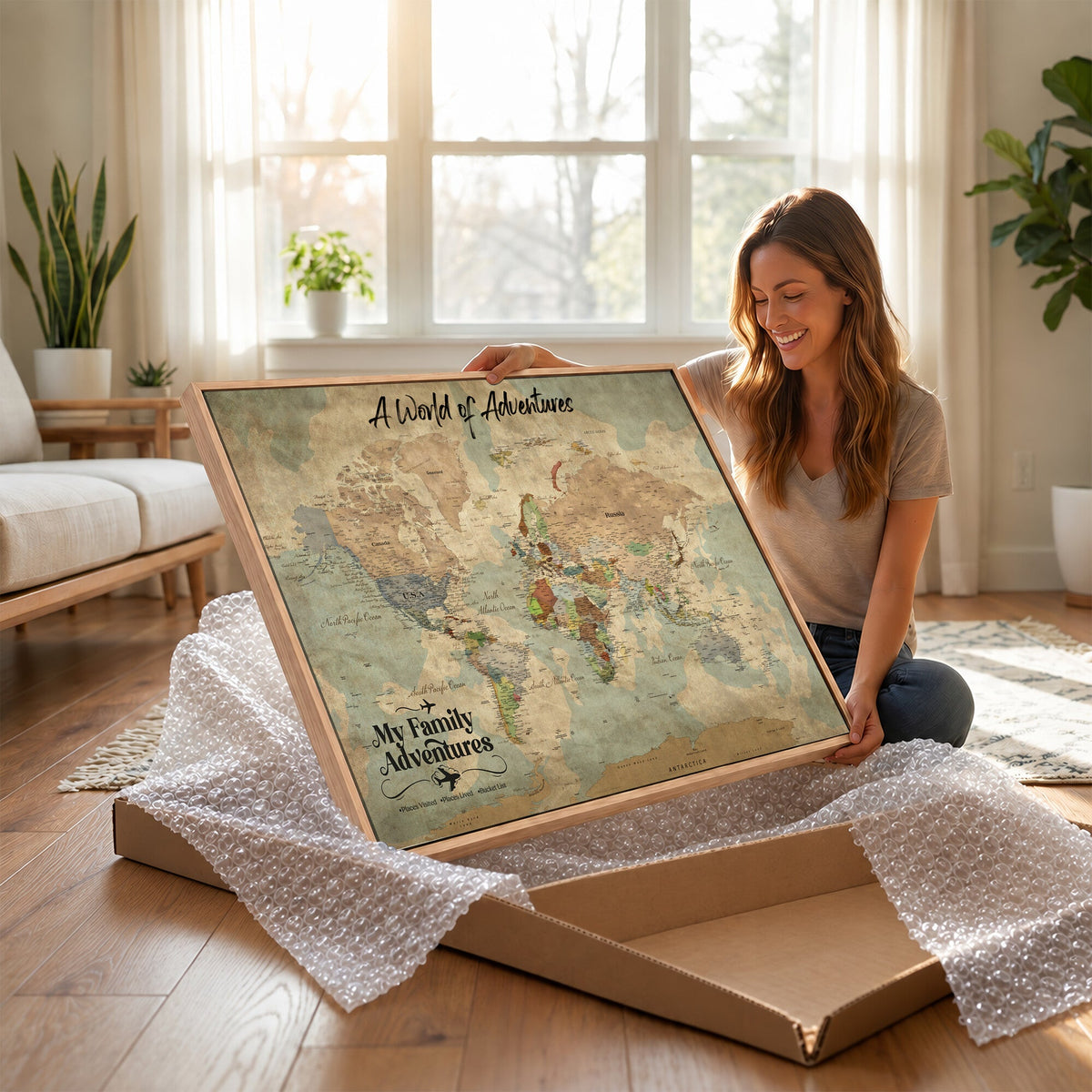 57377793-MGV-CV-36X24 - Our Family Adventures Push Pin World Map Wall Art Canvas Print - Family Travel Tracker Map with Pins