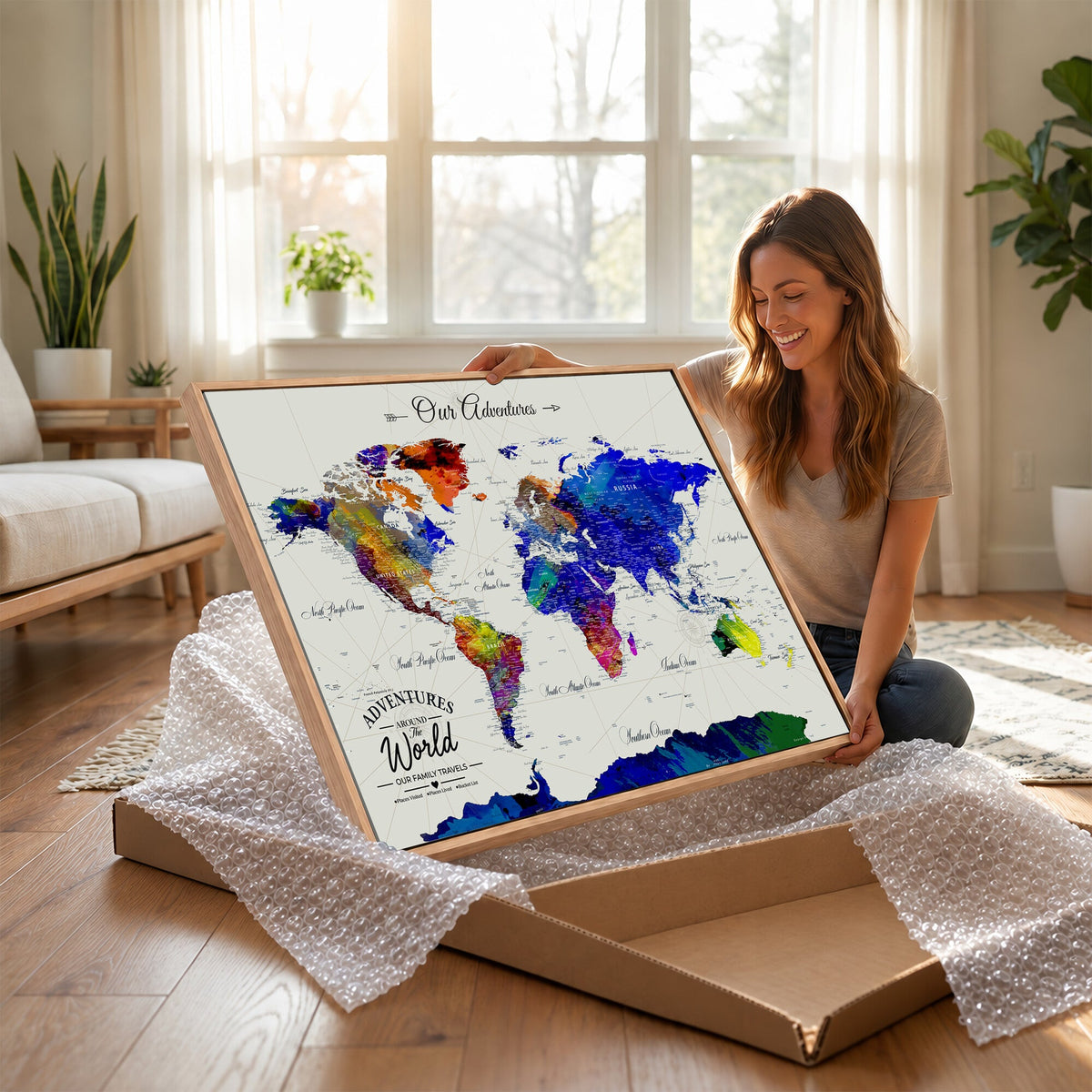 88162438-MGV-CV-36X24 - Our Family Adventures Push Pin World Map Wall Art Canvas Print | Family Travel Tracker Map with Pins