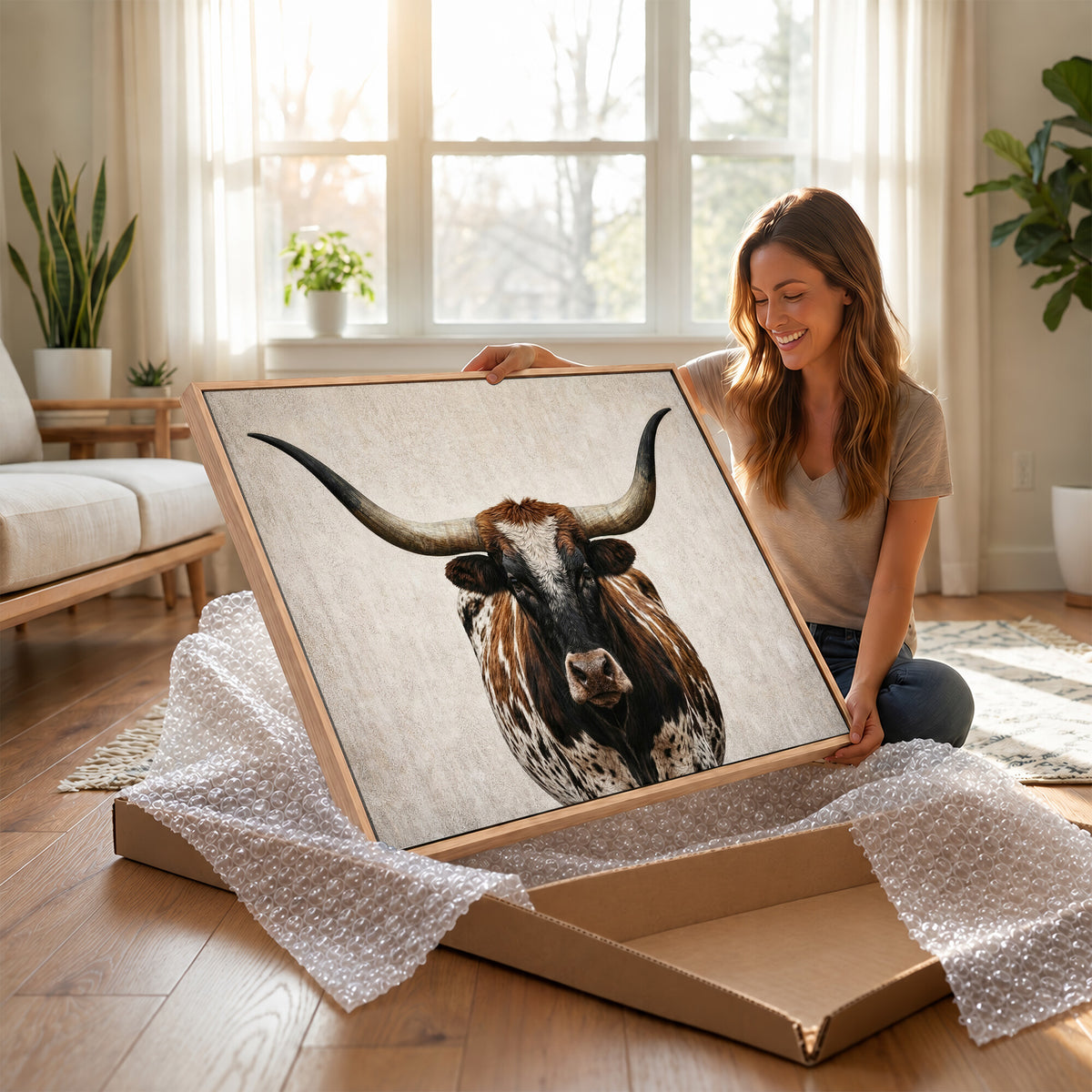 58622065-_Poster-30x20 - Texas Longhorn Canvas Wall Art, Western Bull in a Moody Grey Desert, Rustic Farmhouse Decor for Living Room