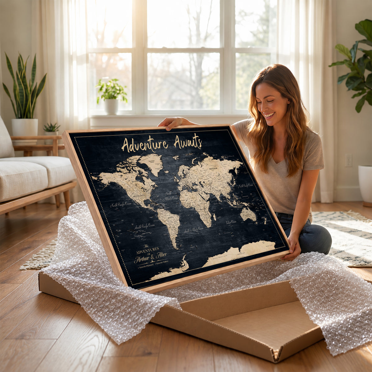 688173822-MGV-CV-36X24 - Extra Large Vintage Personalized Push Pin World Map Wall Art Canvas Print