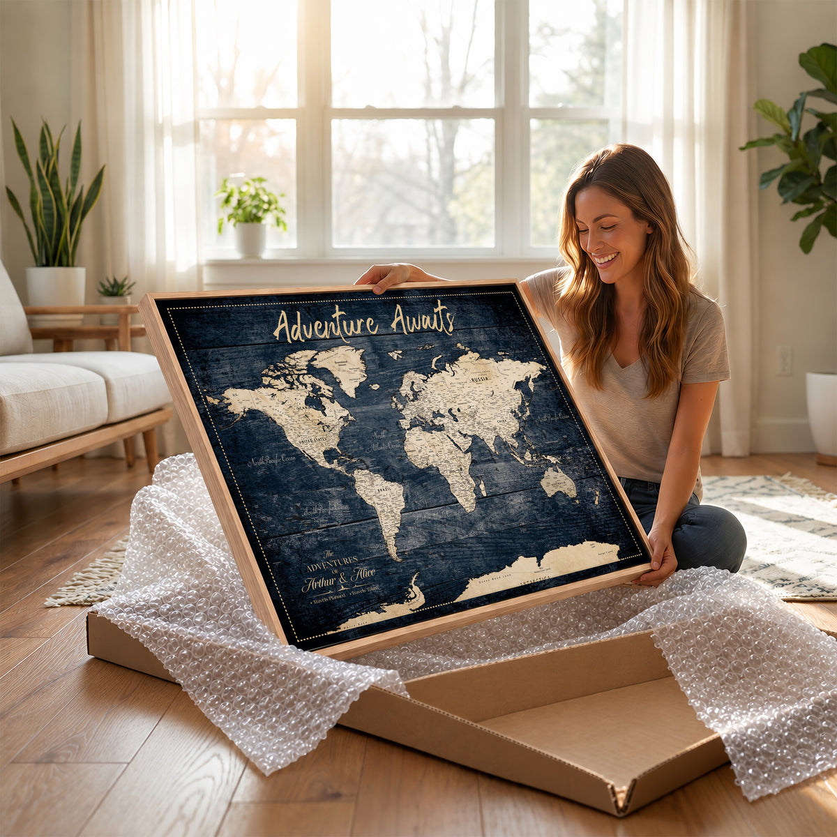 68817382-MGV-CV-36X24 - Extra Large Vintage Personalized Push Pin World Map Wall Art Canvas Print