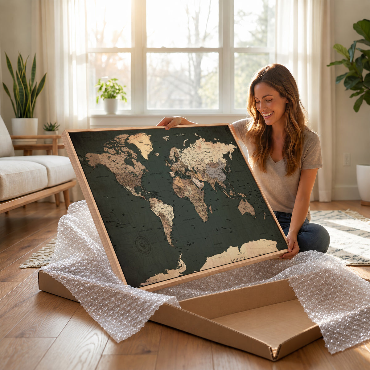 42327656-MGV-CV-36X24 - Extra Large Framed Personalize Push Pin World Map Wall Art Canvas Print for Travel Tracking