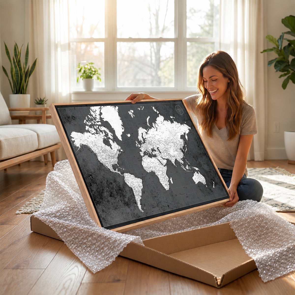 78574966-MGV-CV-36X24 - Extra Large Framed Personalize Push Pin World Map Wall Art Canvas Print for Travel Tracking