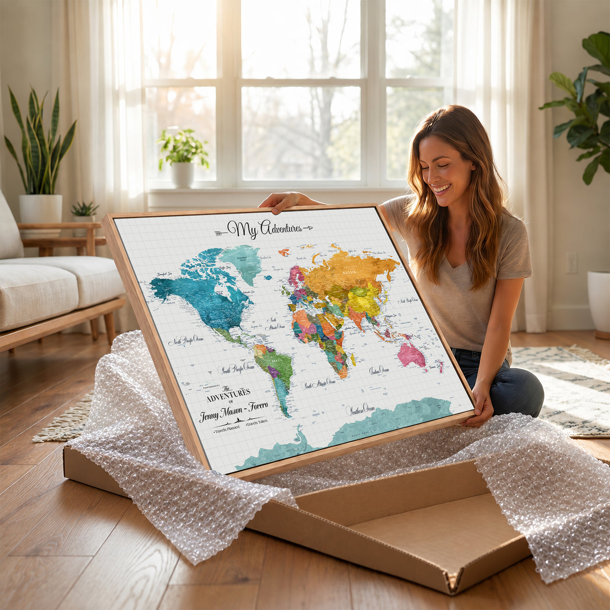 66743043-MGV-CV-36X24 - Extra Large Framed Personalize Push Pin World Map Wall Art Canvas Print for Travel Tracking