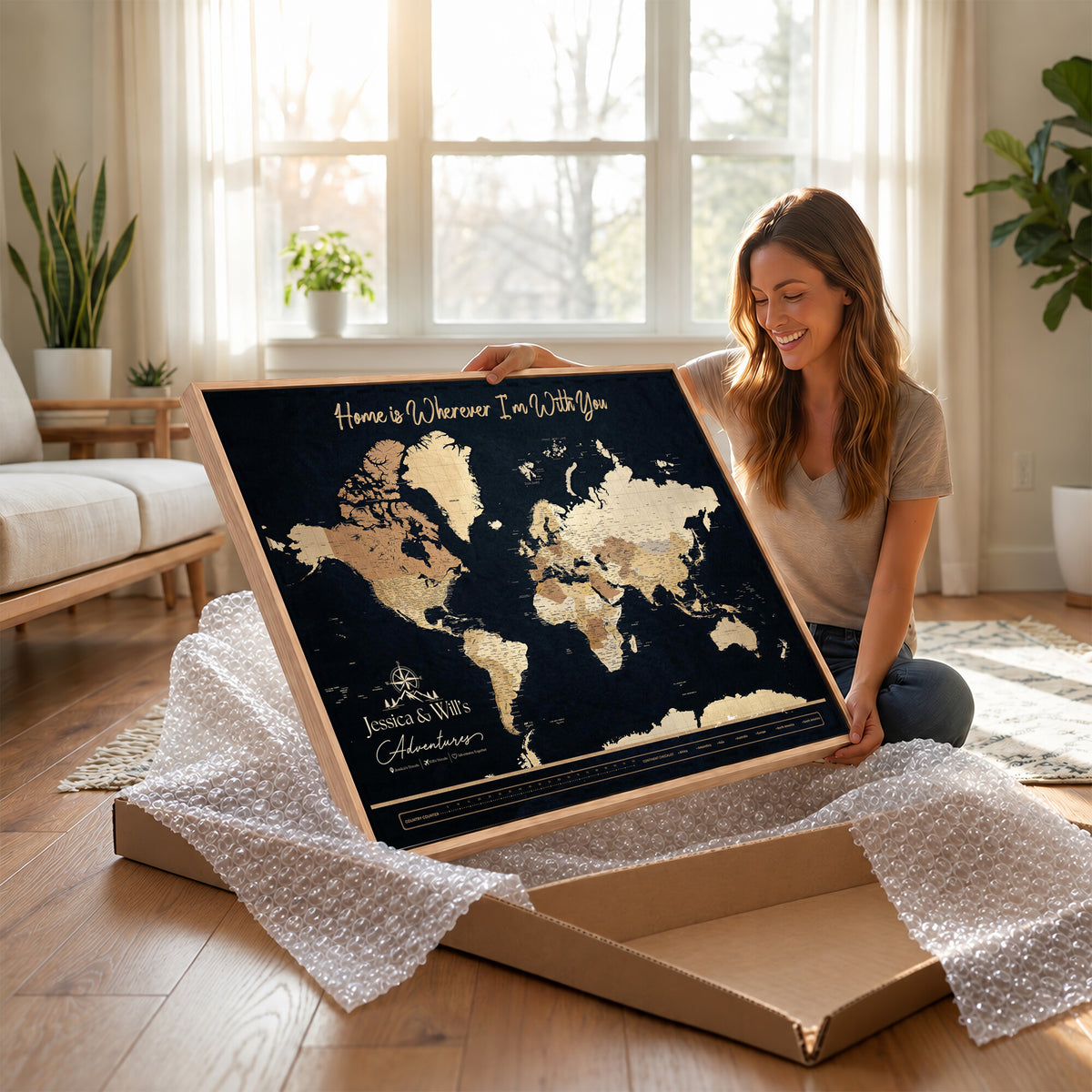 43430657-MGV-CV-36X24 - Extra Large Framed Personalize Push Pin World Map Wall Art Canvas Print for Travel Tracking