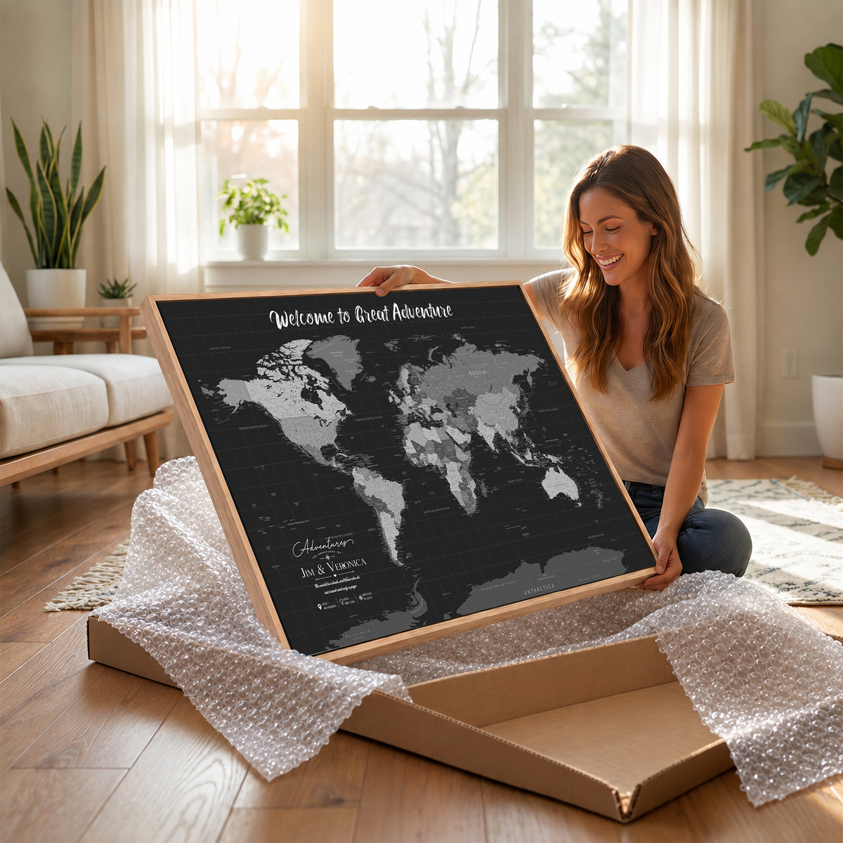 NEWMAP-21-MGV-CV-36X24 - World Map Wall Art Canvas Print, Modern Decorative Framed Map Artwork Prints for Living Room, Office, Bedroom Wall Decor