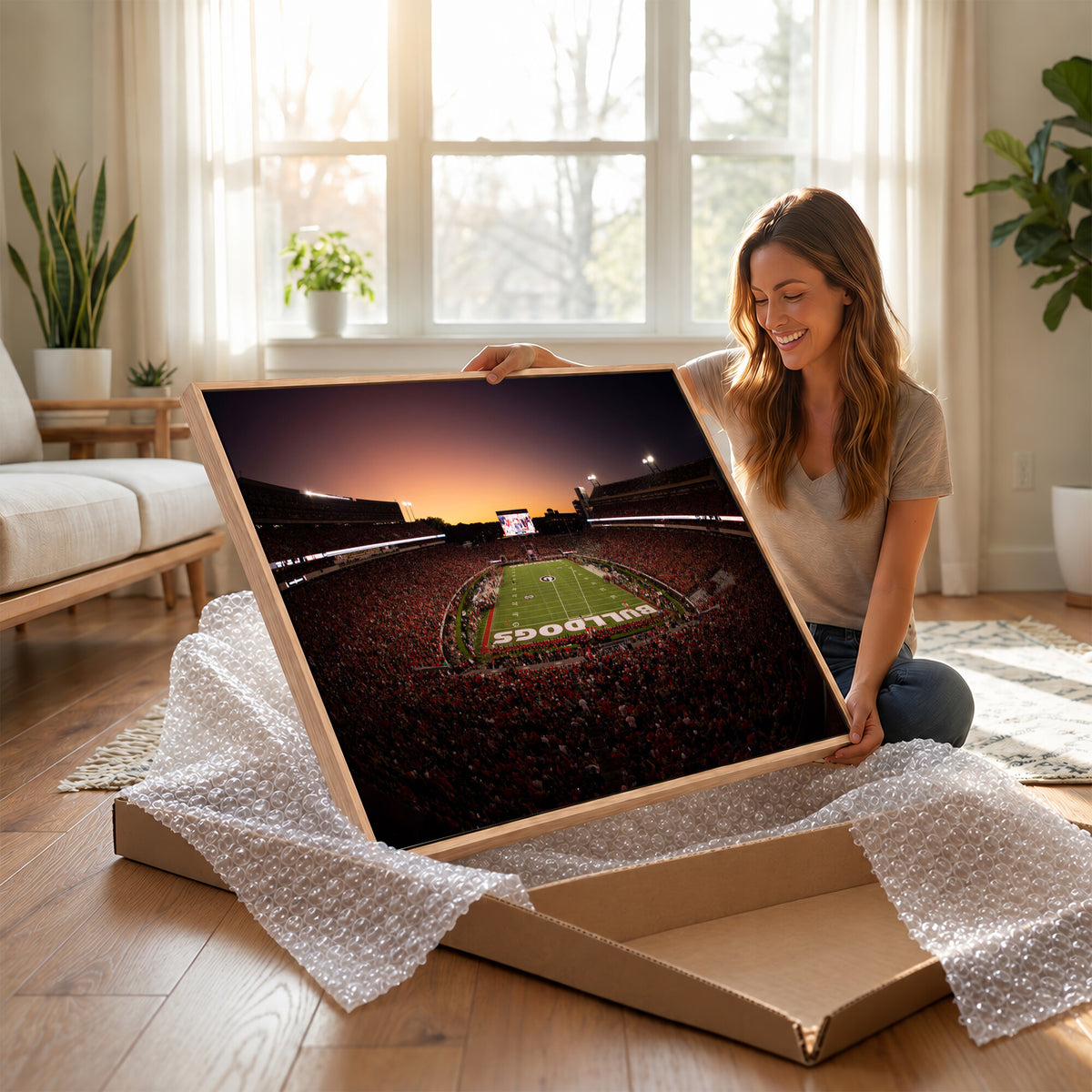 97720998-_Poster-30x20 - Georgia Bulldogs Stadium Sunset Canvas Print 3 Piece Framed Wall Art Extra Large Floating Frame Sports Poster Made in USA