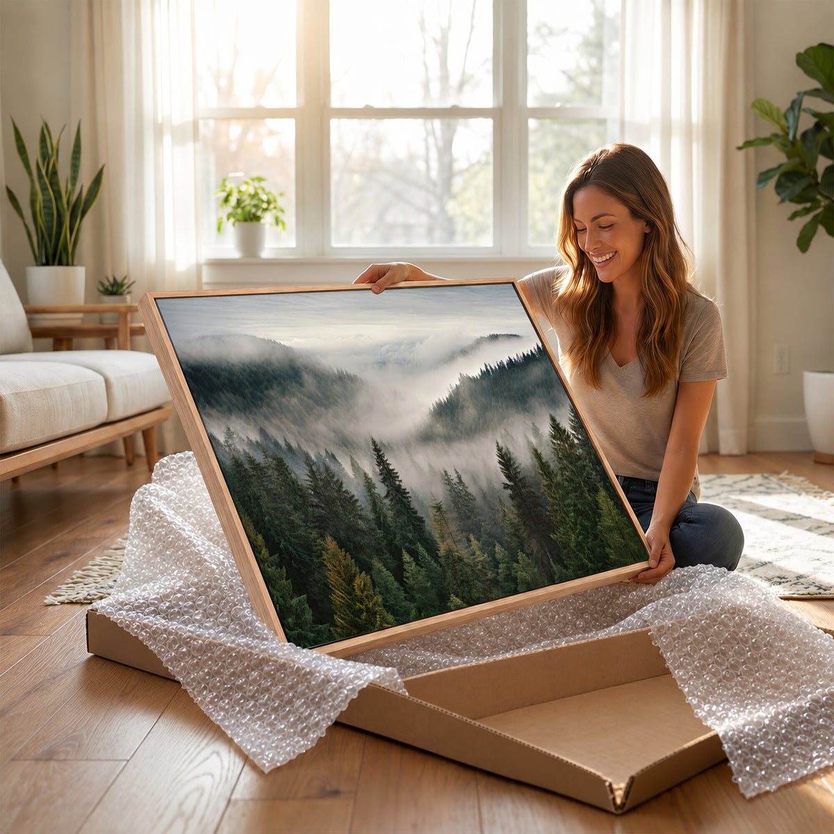 38409495-_Poster-30x20 - Misty Pine Valley Mountain Canvas Print 3 Piece Framed Wall Art Extra Large Floating Frame Nature Poster Made in USA