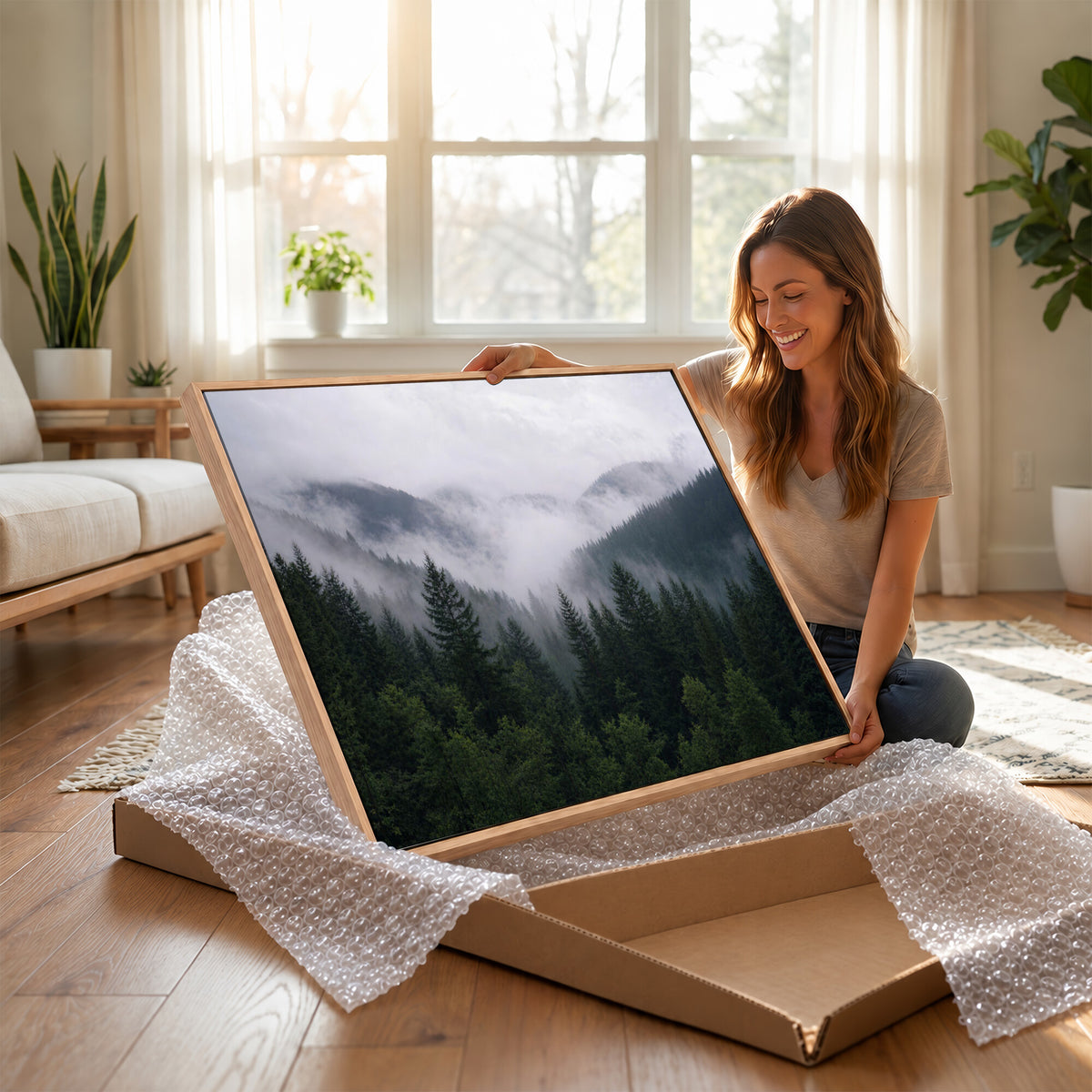 25432119-_Poster-30x20 - Misty Mountain Pine Forest Canvas Print 3 Piece Framed Wall Art Extra Large Floating Frame Nature Poster Made in USA