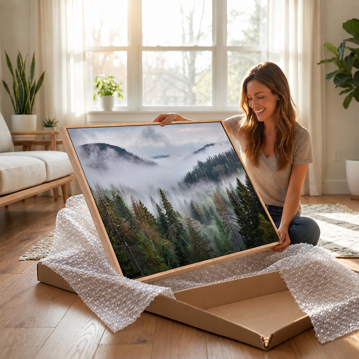 18735847-_Poster-30x20 - Foggy Pine Forest Mountain Canvas Print 3 Piece Framed Wall Art Extra Large Floating Frame Nature Poster Made in USA