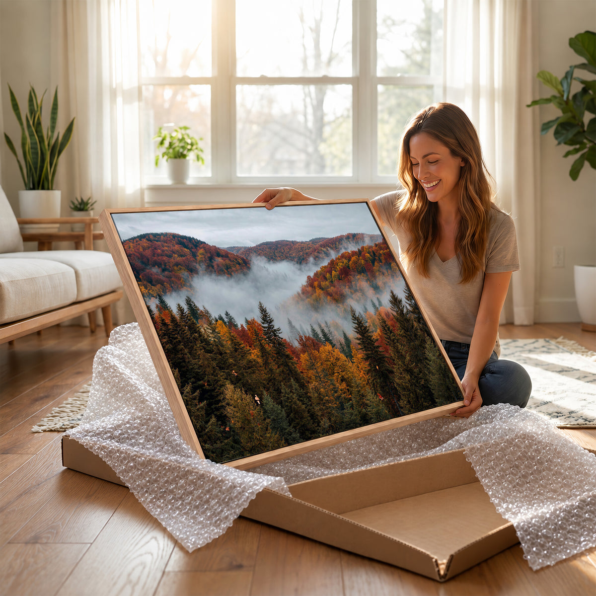 26686263-_Poster-30x20 - Misty Autumn Forest Mountain Canvas Print 3 Panel Wall Art Gallery Wrapped Floating Frame Poster Made in USA