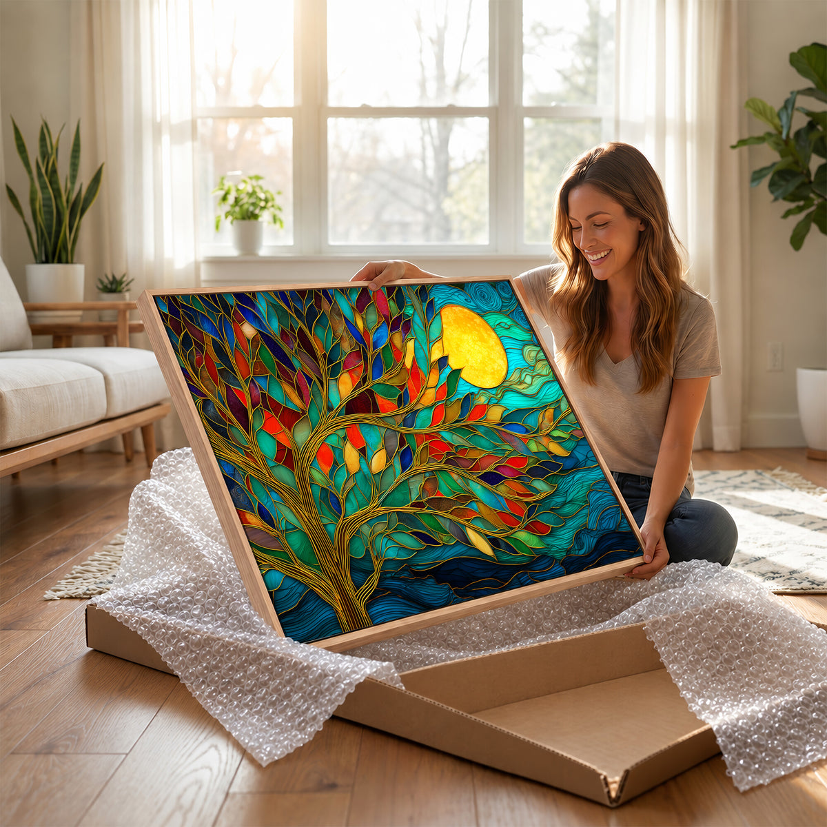 11877152-MGV-CV-36X24 - Stained Glass Tree Of Life Wall Art - Vibrant Mosaic Nature Home Decor