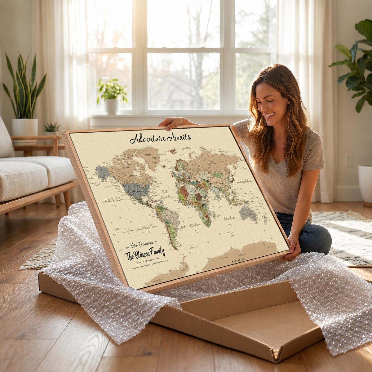 25730261D-MGV-CV-36X24 - Custom Push Pin World Map Wall Art Canvas Print | Personalized Travel Tracker with Pins Framed Large for Home and Office Decor