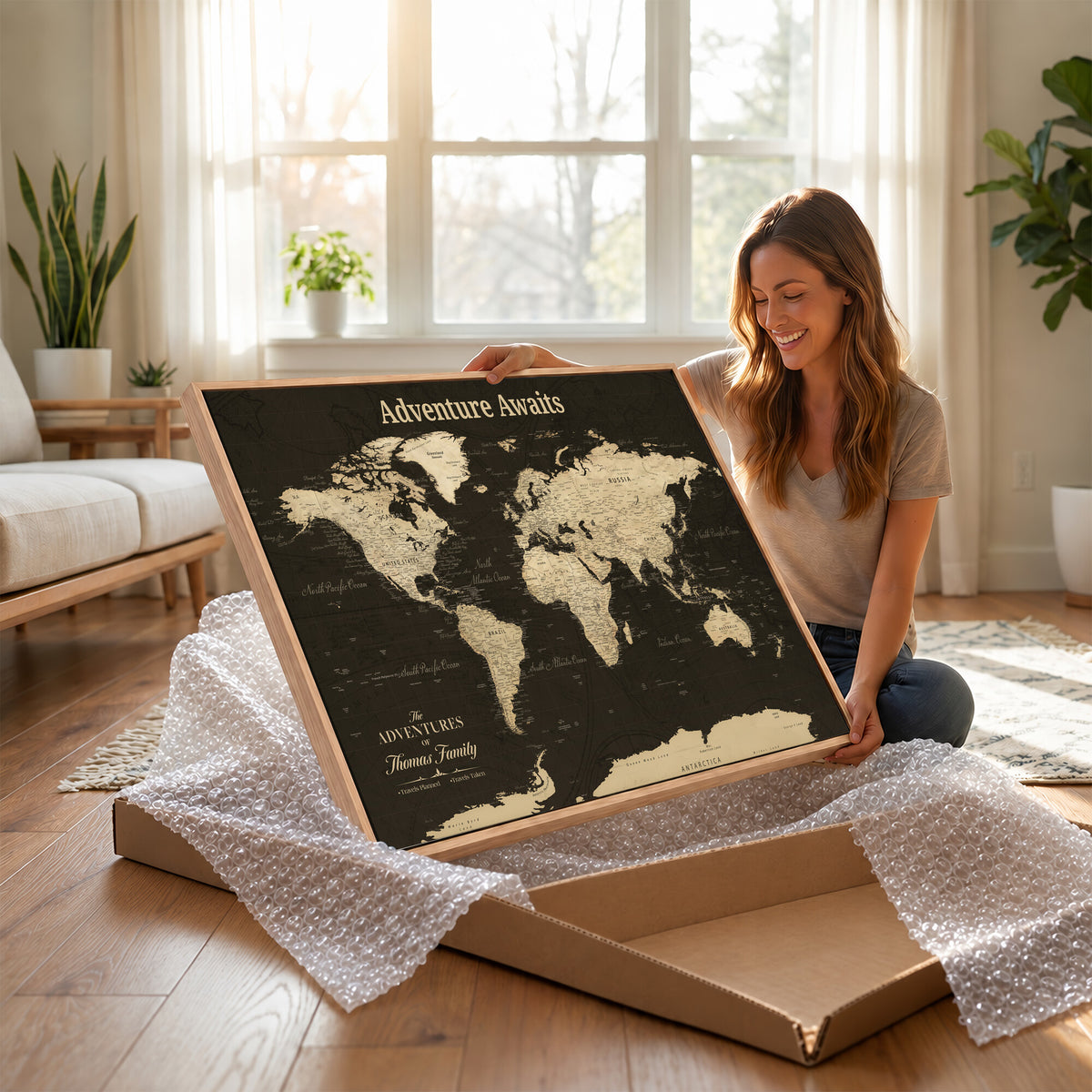 47597338D-MGV-CV-36X24 - Custom Push Pin World Map Wall Art Canvas Print | Personalized Travel Tracker with Pins Framed Large for Home and Office Decor