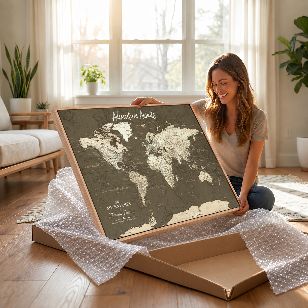 27762875D-MGV-CV-36X24 - Custom Push Pin World Map Wall Art Canvas Print | Personalized Travel Tracker with Pins Framed Large for Home and Office Decor