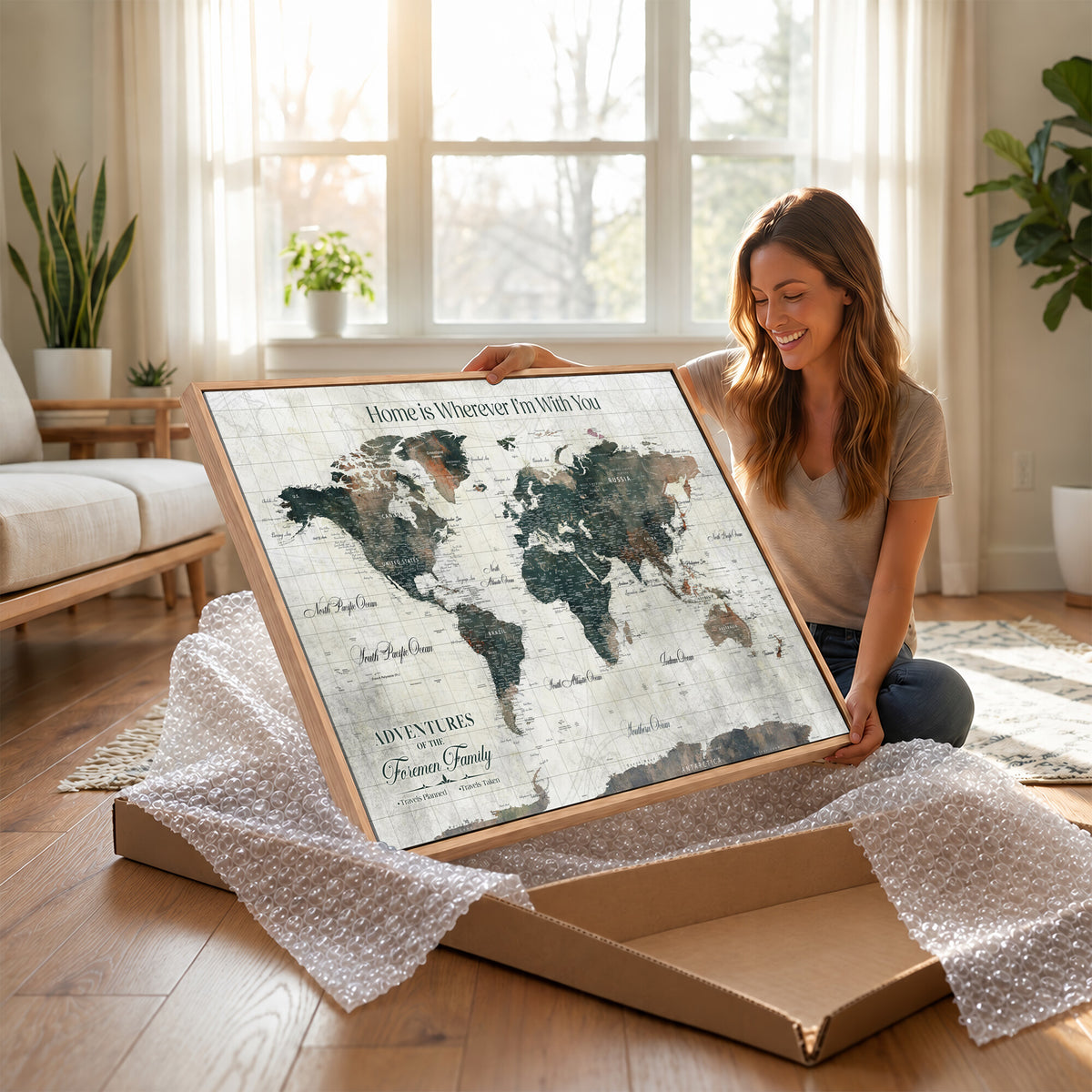 98050124D-MGV-CV-36X24 - Custom Push Pin World Map Wall Art Canvas Print | Personalized Travel Tracker with Pins Framed Large for Home and Office Decor