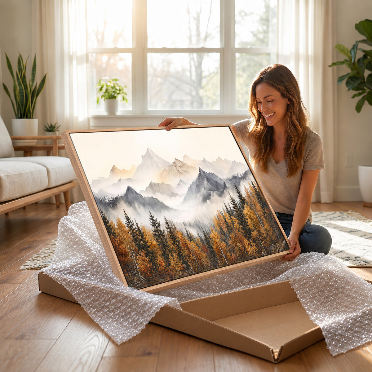 19544118-MGV-TP-30X20 - Misty Mountain Autumn Forest Canvas Wall Art - Watercolor Fall Nature Landscape Print