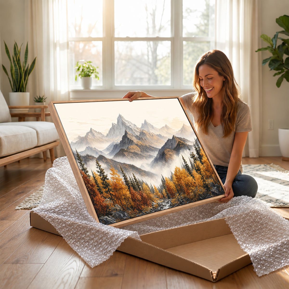 21309099-MGV-TP-30X20 - Extra Large Misty Mountain Autumn Forest Canvas Wall Art - Watercolor Fall Nature Landscape Print