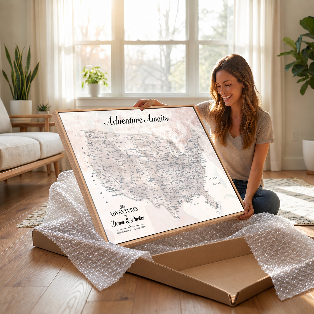 50687859-MGV-CV-36X24 - Custom USA Push Pin Travel Map Canvas Wall Art - Personalized Couples Gift Flat Digital Print