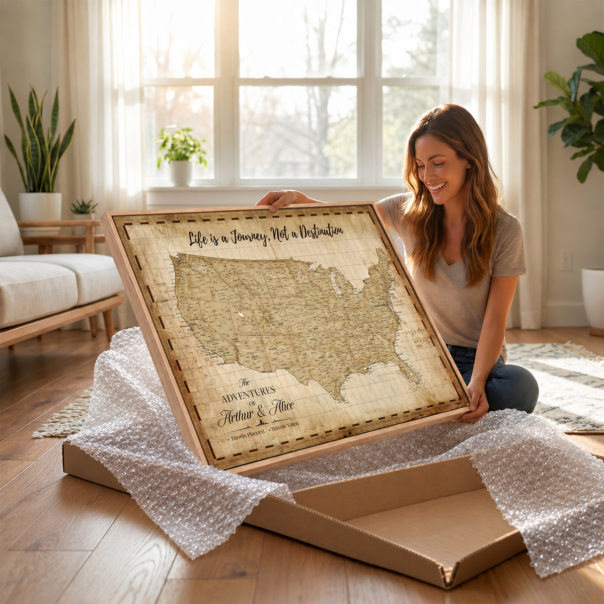 90686209-MGV-CV-36X24 - Custom USA Push Pin Travel Map Canvas Wall Art - Personalized Couples Gift Flat Digital Print