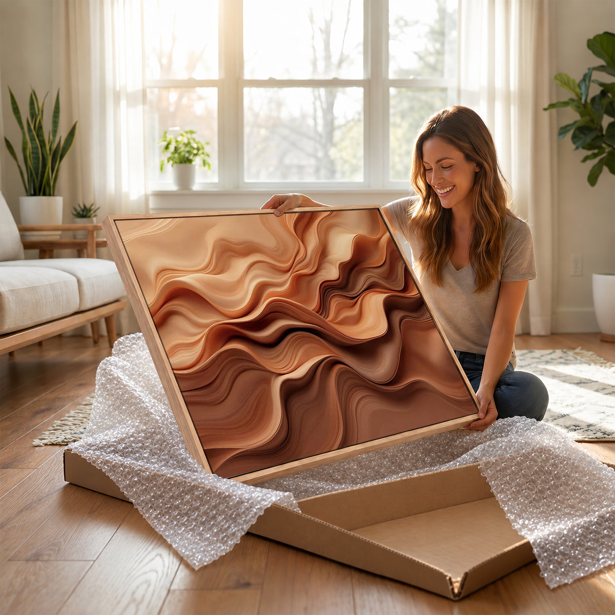 82230697-MGV-CV-36X24 - Modern Abstract Fluid Waves Canvas Wall Art - Minimalist Warm Terracotta Beige Sand Print