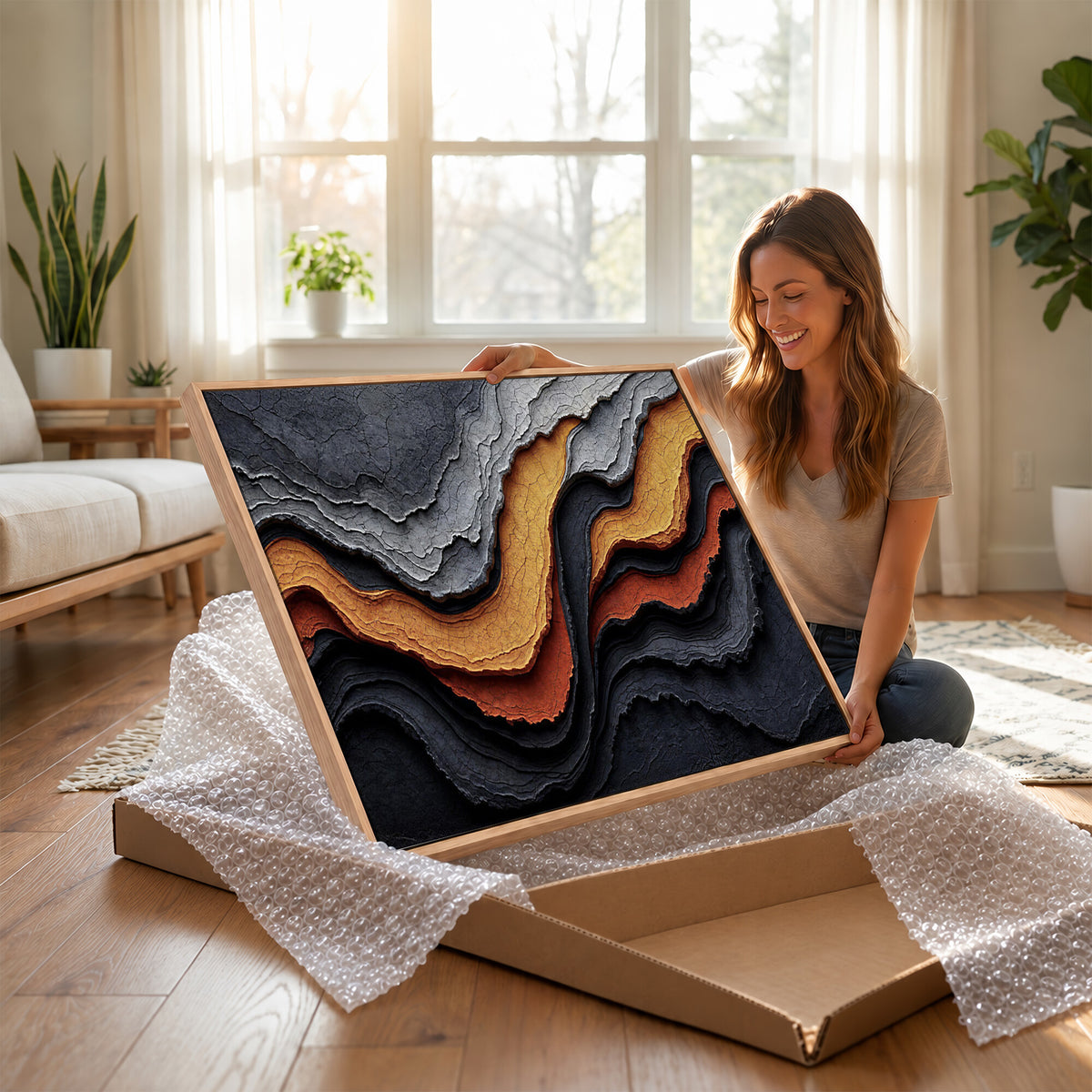 59852489-MGV-CV-36X24 - Abstract Waves Canvas Wall Art - Modern Terracotta and Charcoal Gray Print