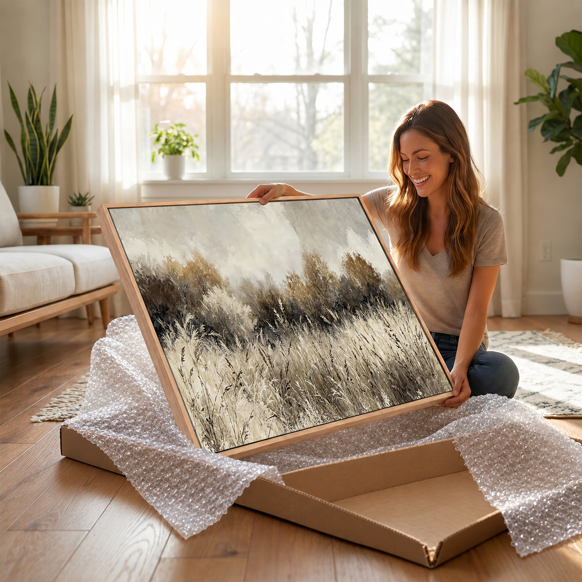 53959945-MGV-TP-30X20 - Muted Neutral Forest Landscape Canvas Wall Art - Vintage Rustic Wildflower Meadow Print