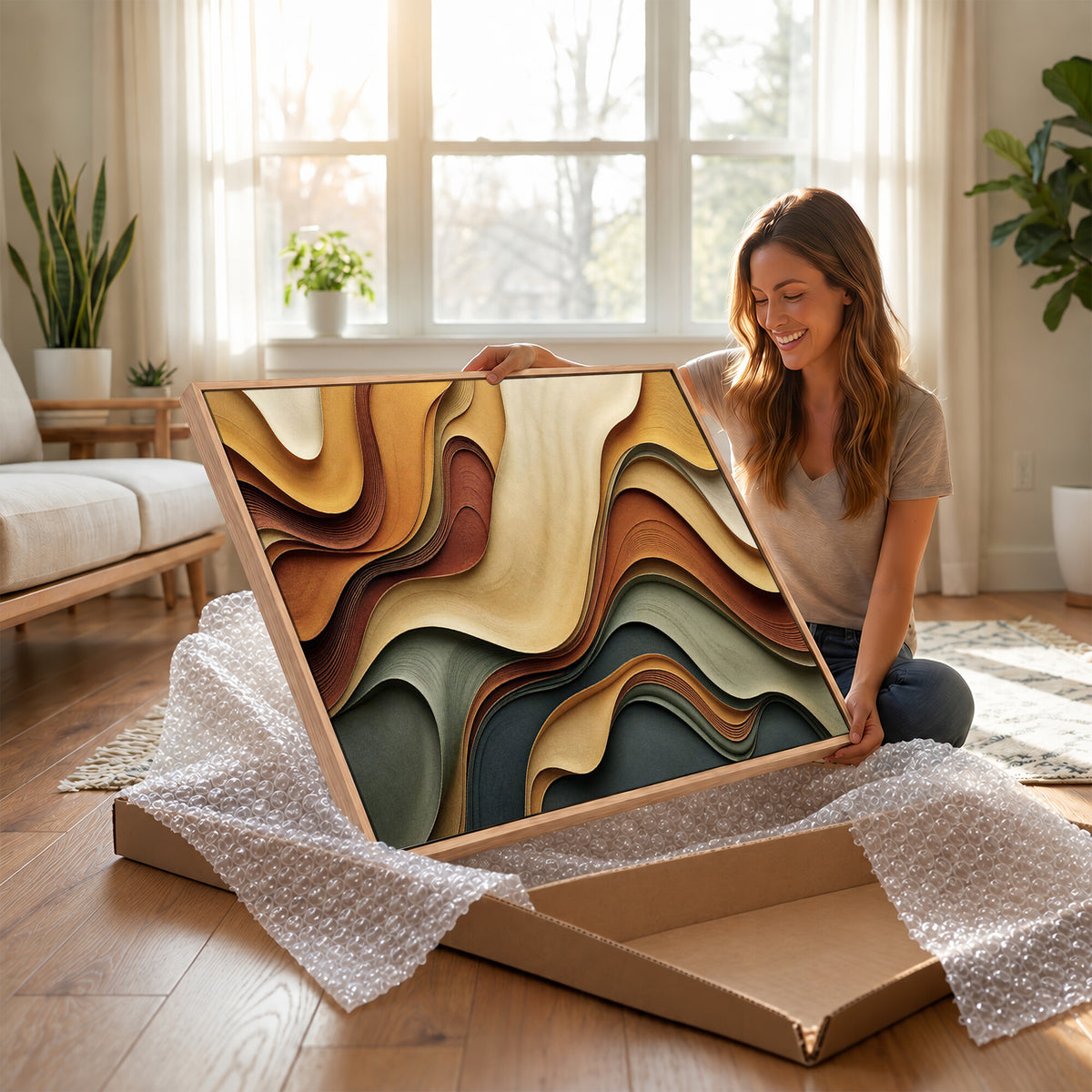 19337902-MGV-CV-36X24 - Modern Abstract Waves Canvas Wall Art - Minimalist Earthy Tone Living Room Decor