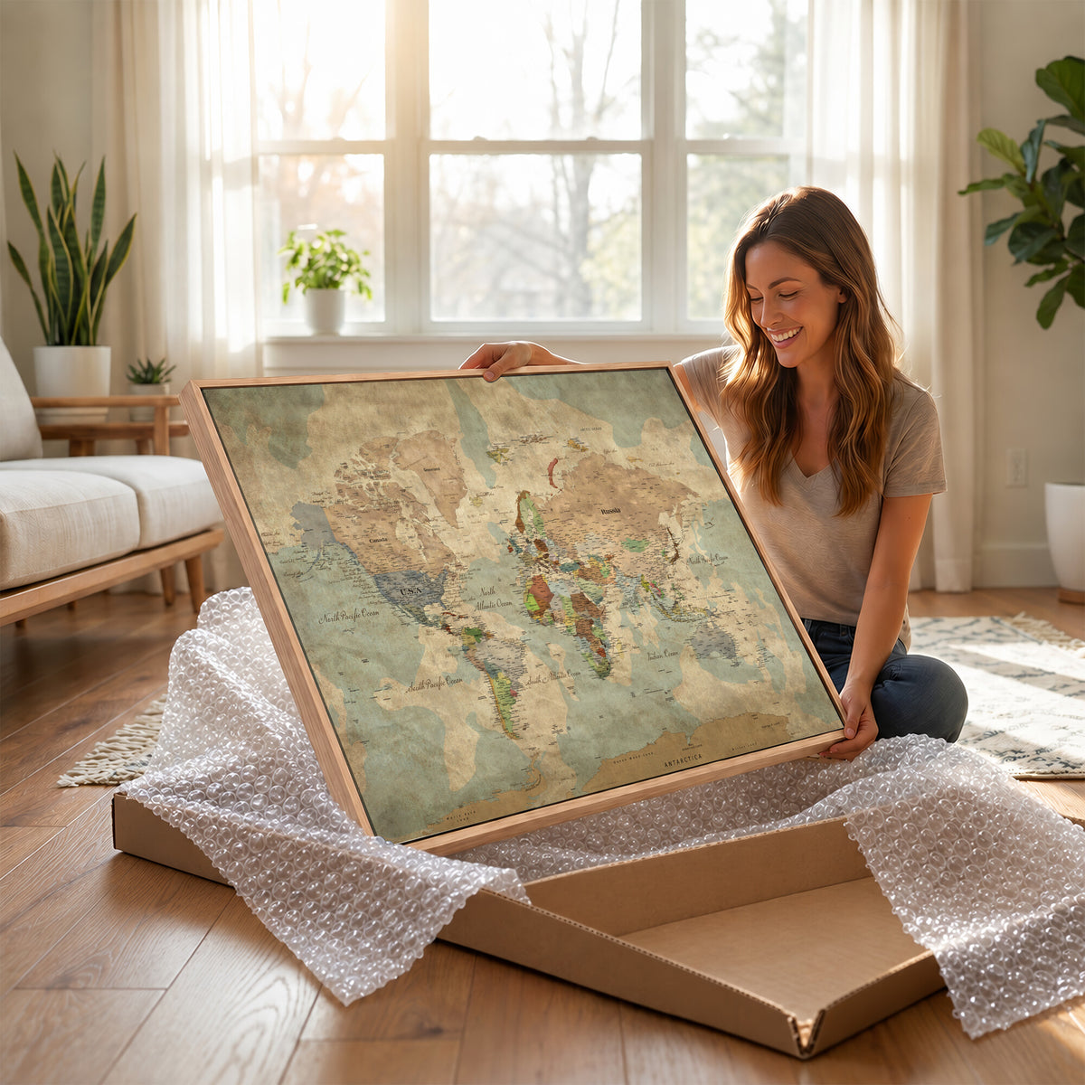 20795898D-MGV-CV-36X24 - Custom Push Pin World Map Wall Art Canvas Print – Personalized Travel Tracker with Pins Framed Large for Home and Office Decor