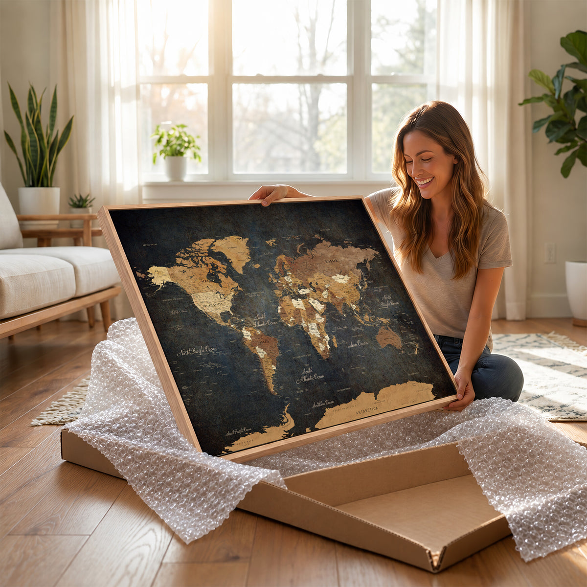 40660012D-MGV-CV-36X24 - Custom Push Pin World Map Wall Art Canvas Print – Personalized Travel Tracker with Pins Framed Large for Home and Office Decor