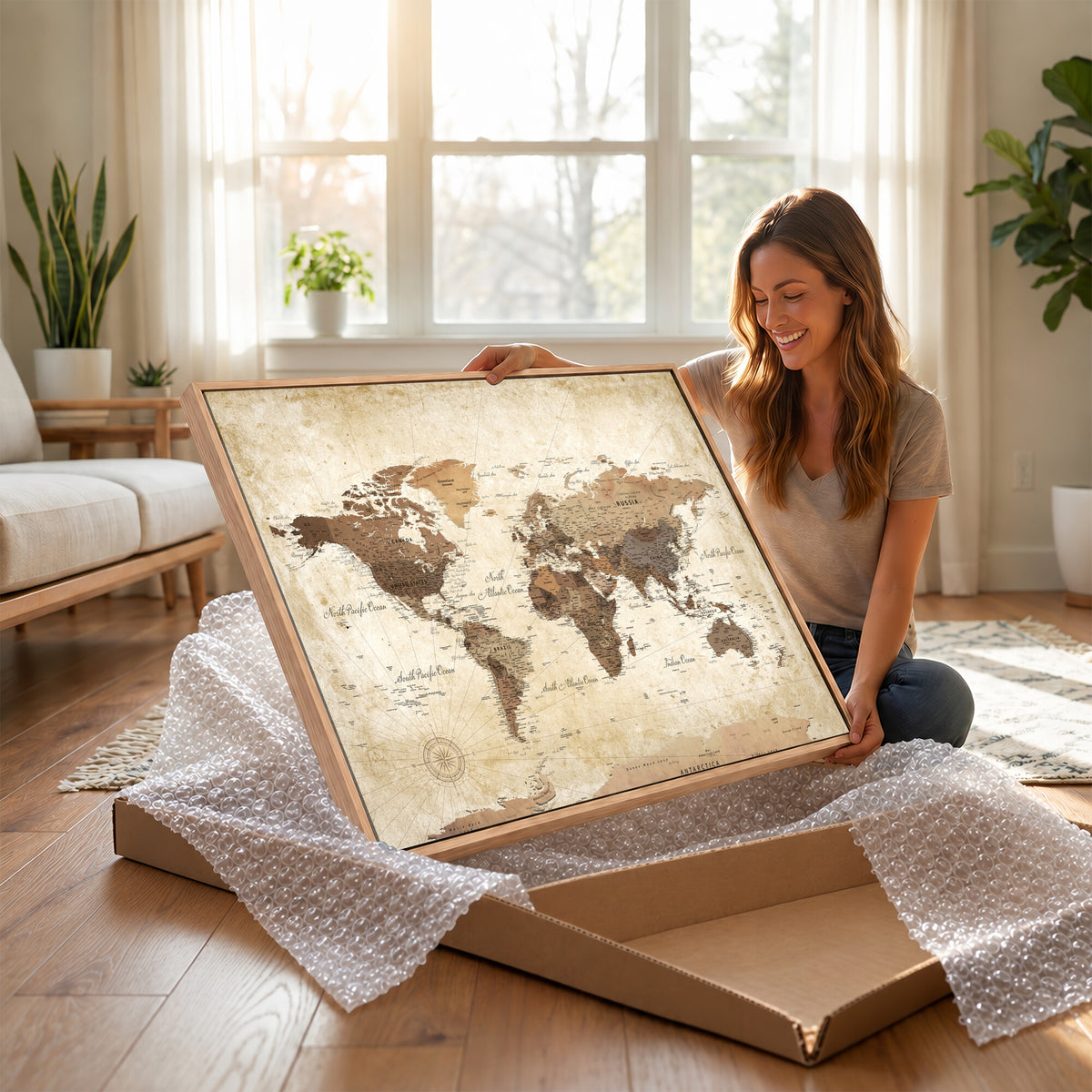 69154703D-MGV-CV-36X24 - Custom Push Pin World Map Wall Art Canvas Print – Personalized Travel Tracker with Pins Framed Large for Home and Office Decor