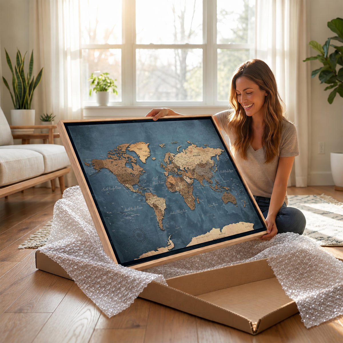 81949666D-MGV-CV-36X24 - Custom Push Pin World Map Wall Art Canvas Print – Personalized Travel Tracker with Pins Framed Large for Home and Office Decor