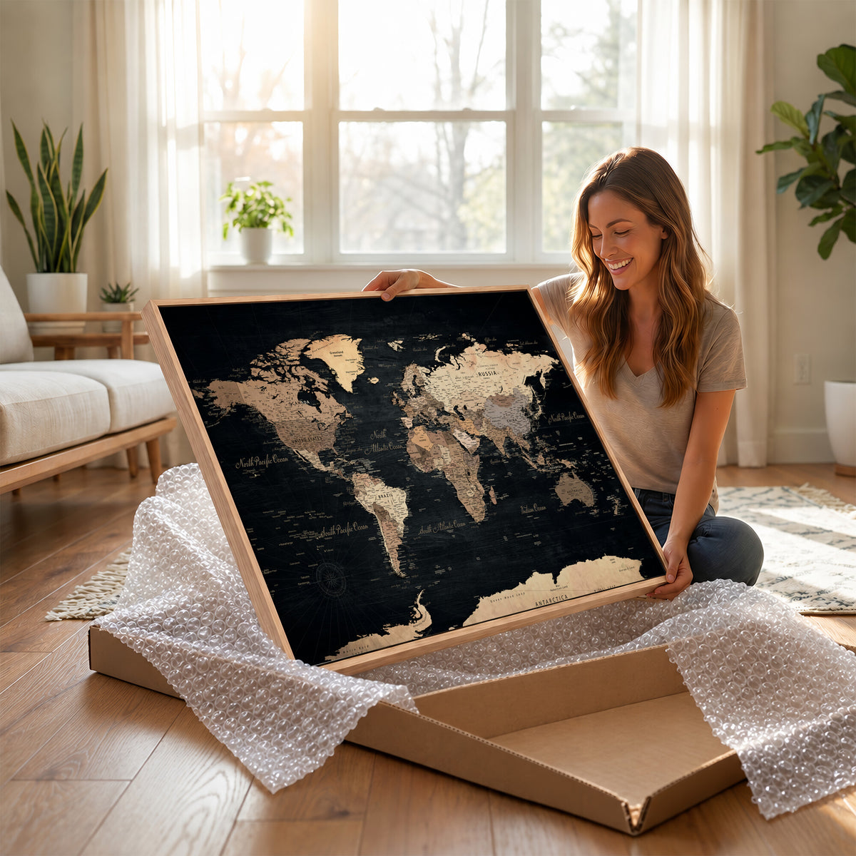 55335455D-MGV-CV-36X24 - Custom Push Pin World Map Wall Art Canvas Print – Personalized Travel Tracker with Pins Framed Large for Home and Office Decor