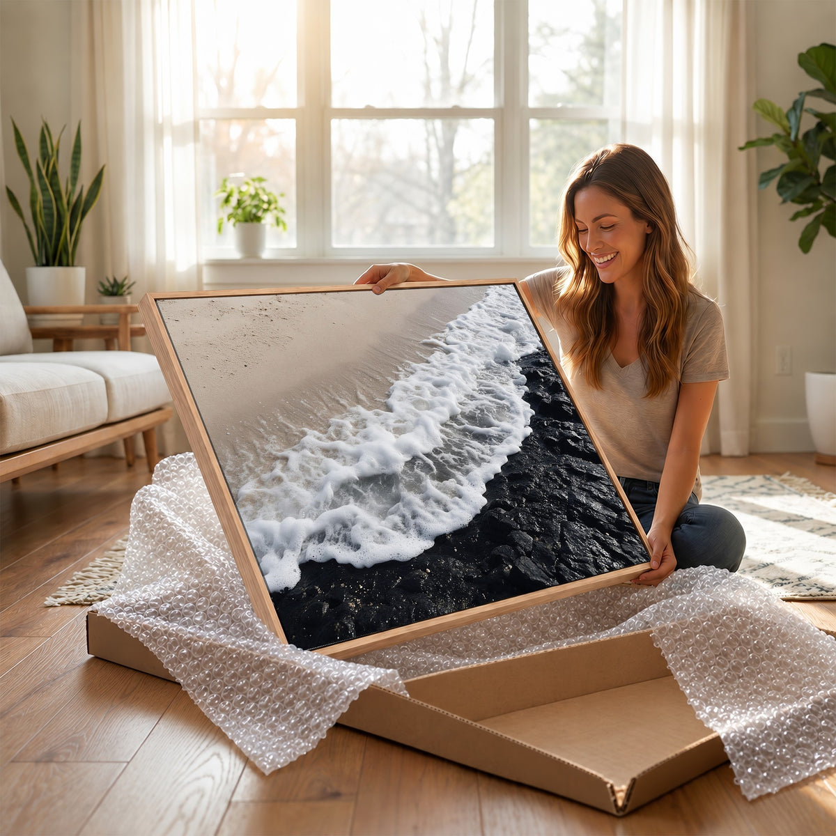 27448606-MGV-CV-24X16 - Ocean Wave Foam on Black Lava Rock Beach Canvas Wall Art Print