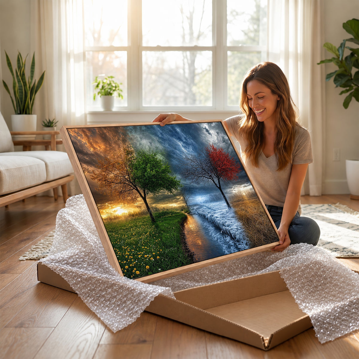 61895574-MGV-CV-24X16 - Four Seasons Tree Canvas Wall Art, Nature Landscape Canvas Print for Living Room