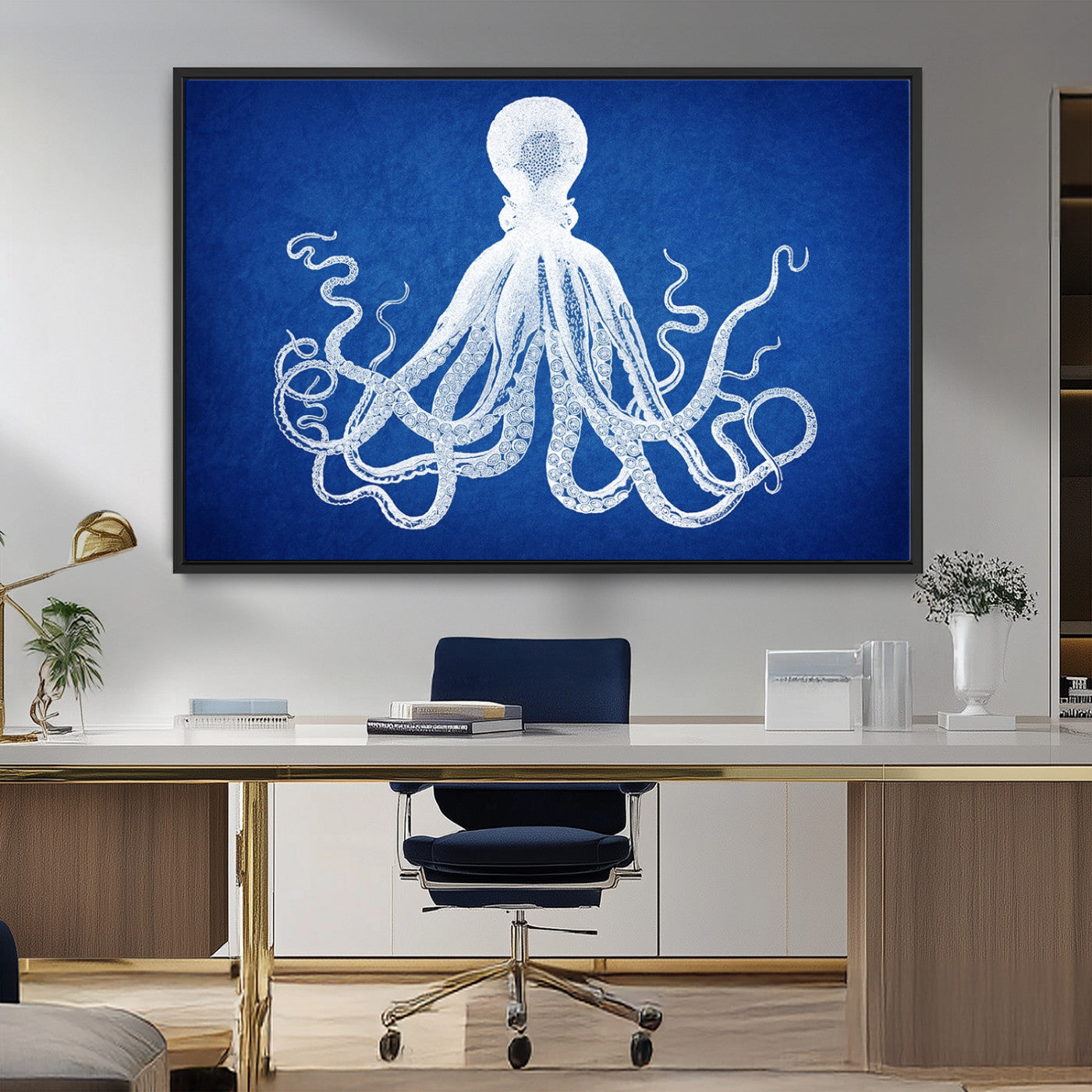MGV-FC-36X24 - Large 3-Panel Blue Octopus Canvas Wall Art | Coastal Marine Life Artwork for Living Room, Bedroom,