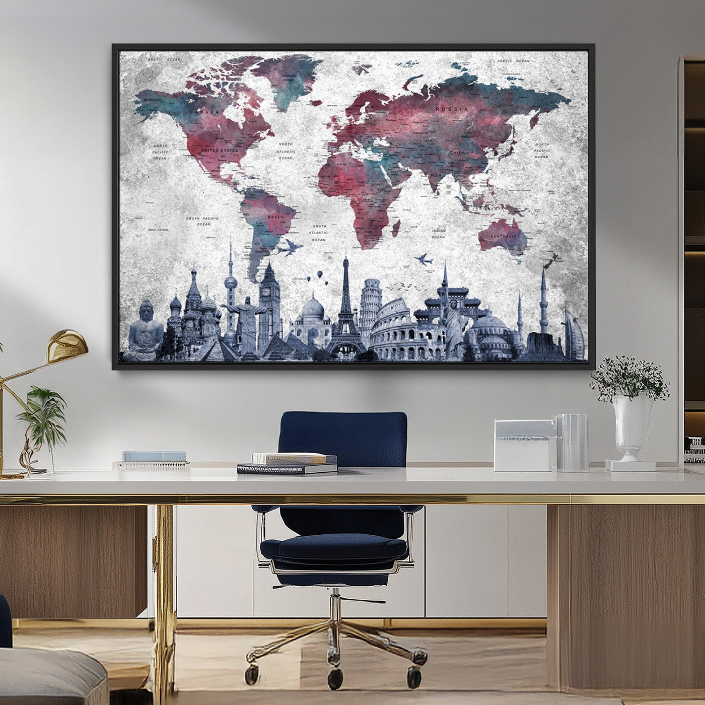 MGV-FC-36X24 - Push Pin World Map Canvas Print – Framed Wall Art for Couples to Track Their Travels – Anniversary