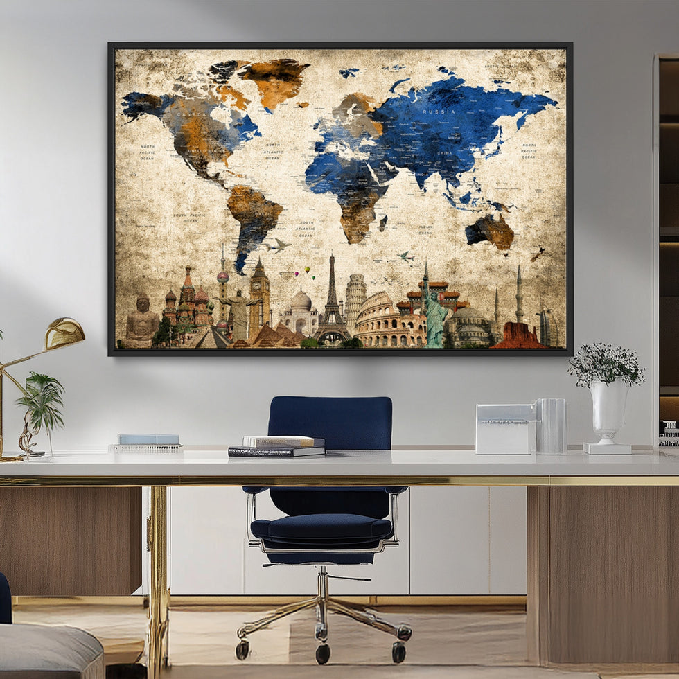 World Map Canvas Print – Vintage Blue and Gold World Map Wall Art ...
