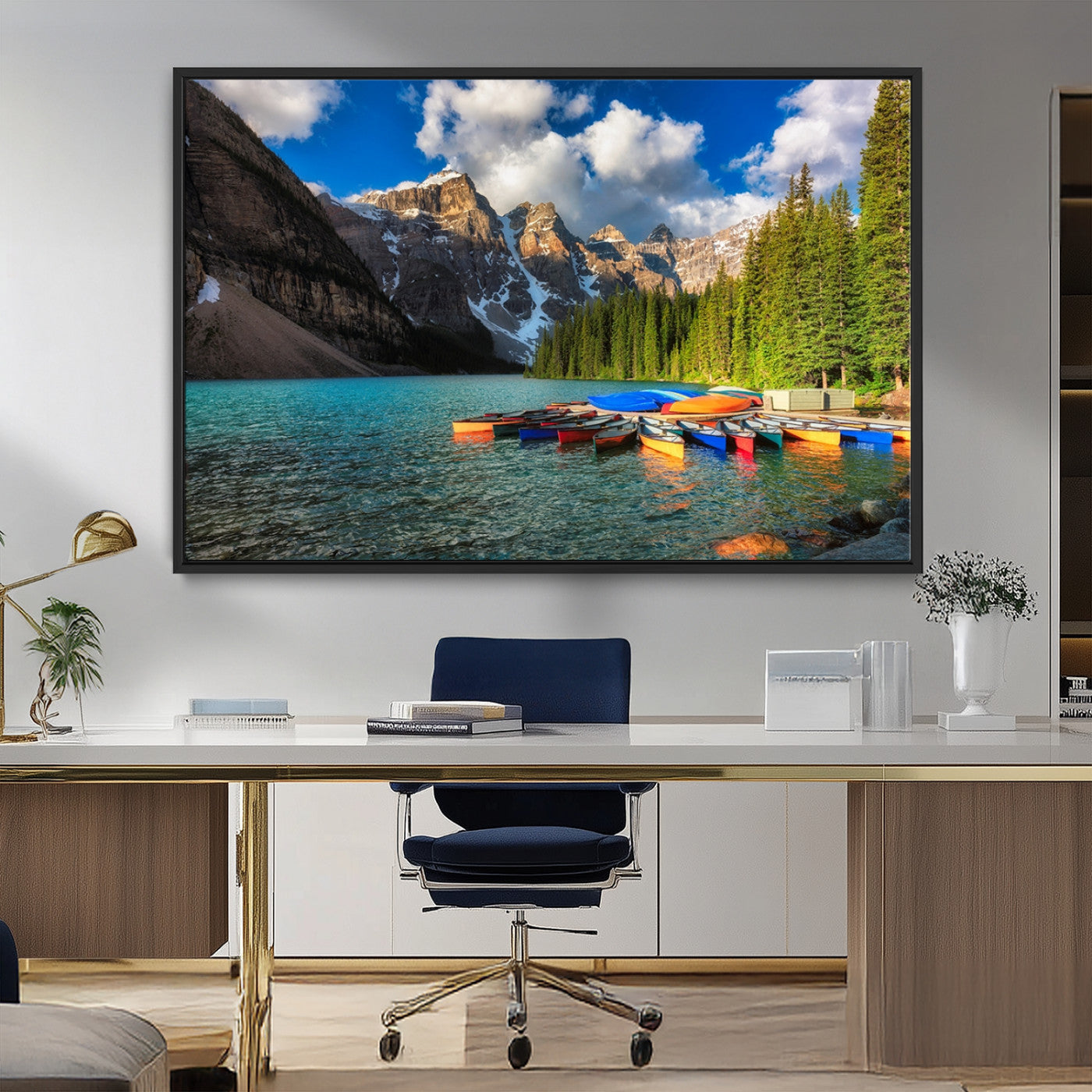 MGV-FC-36X24 - Moraine Lake 3-Panel Wall Art, Majestic Mountain and Lake Landscape Canvas Print Canoes on Moraine
